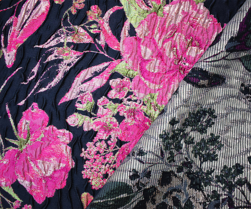 Blue-Fuchsia-Multi Floral Jacquard Matelasse Brocade Woven Fabric
