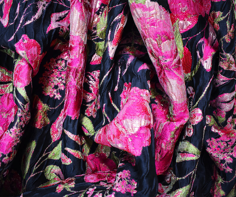 Blue-Fuchsia-Multi Floral Jacquard Matelasse Brocade Woven Fabric