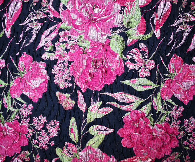 Blue-Fuchsia-Multi Floral Jacquard Matelasse Brocade Woven Fabric