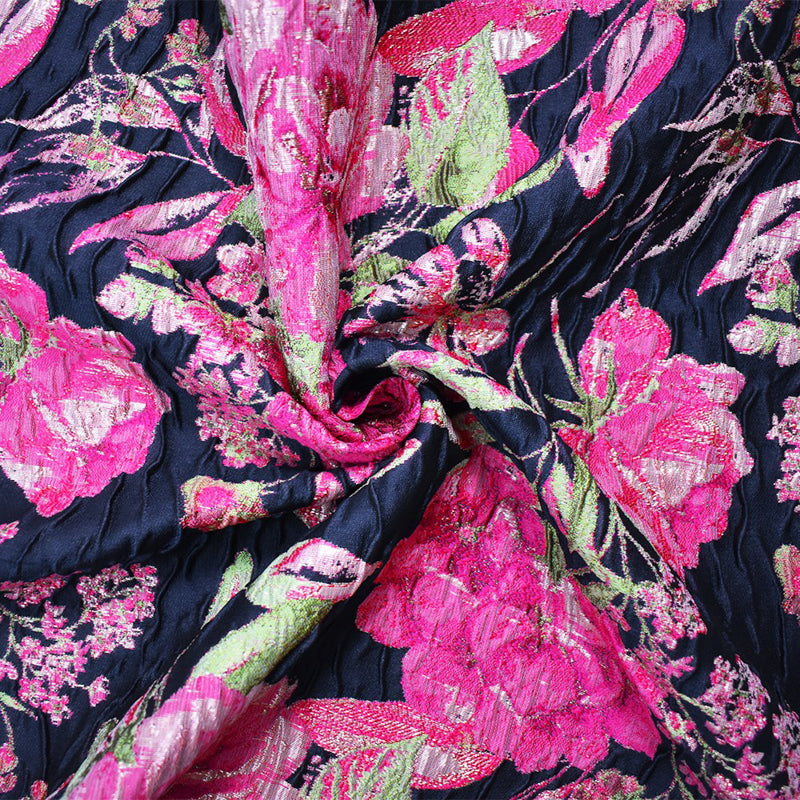 Blue-Fuchsia-Multi Floral Jacquard Matelasse Brocade Woven Fabric