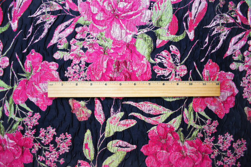 Blue-Fuchsia-Multi Floral Jacquard Matelasse Brocade Woven Fabric