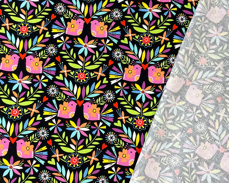 Black Cotton Dashwood Studio Floral Bird Quilting Woven Fabric
