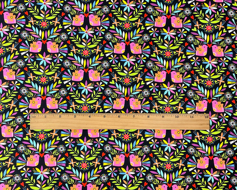 Black Cotton Dashwood Studio Floral Bird Quilting Woven Fabric
