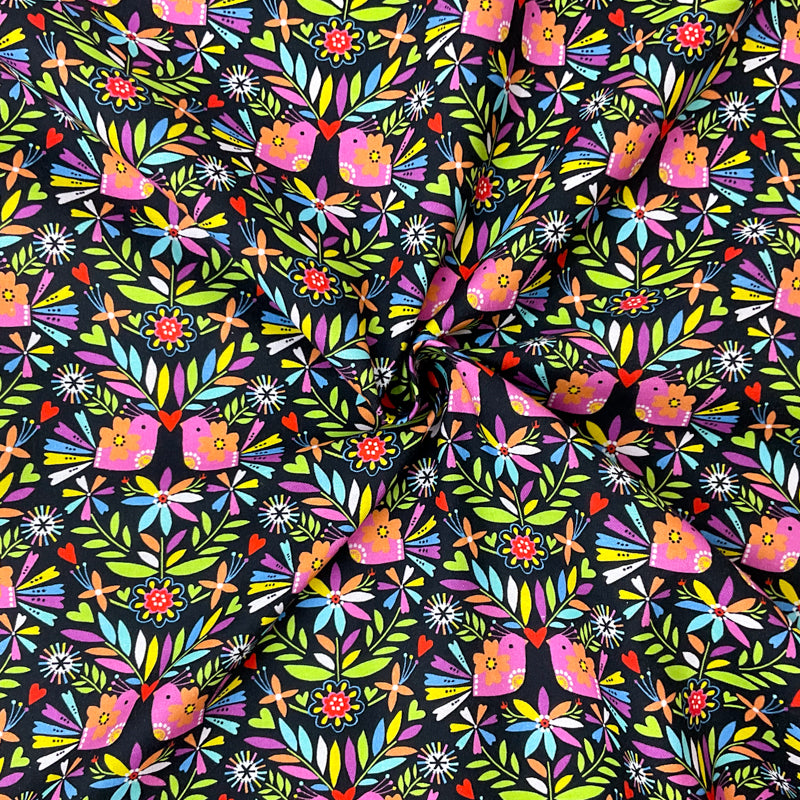 Black Cotton Dashwood Studio Floral Bird Quilting Woven Fabric