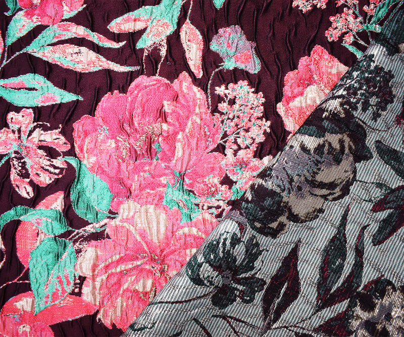 Burgundy-Pink Floral Jacquard Matelasse Brocade Woven Fabric