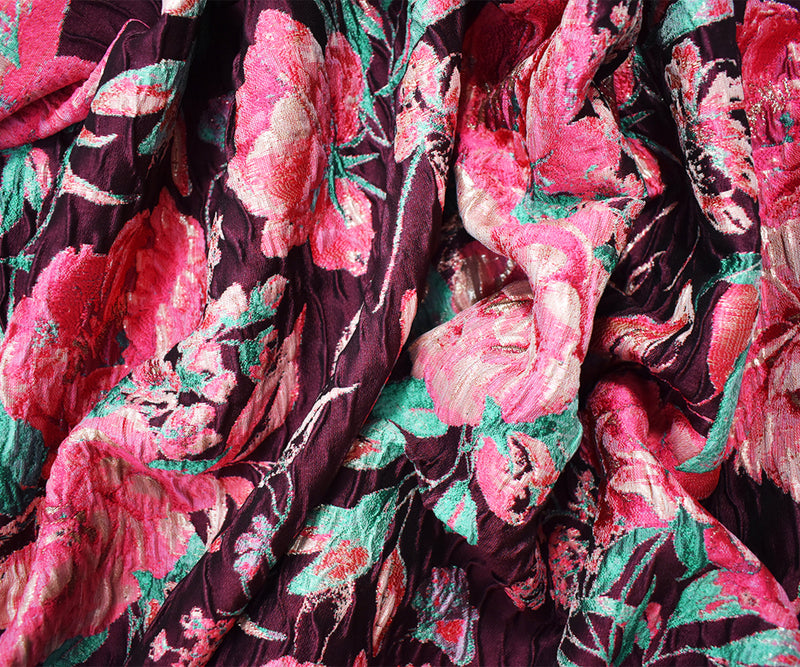 Burgundy-Pink Floral Jacquard Matelasse Brocade Woven Fabric