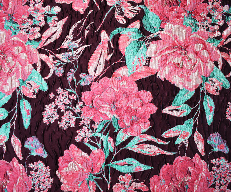 Burgundy-Pink Floral Jacquard Matelasse Brocade Woven Fabric