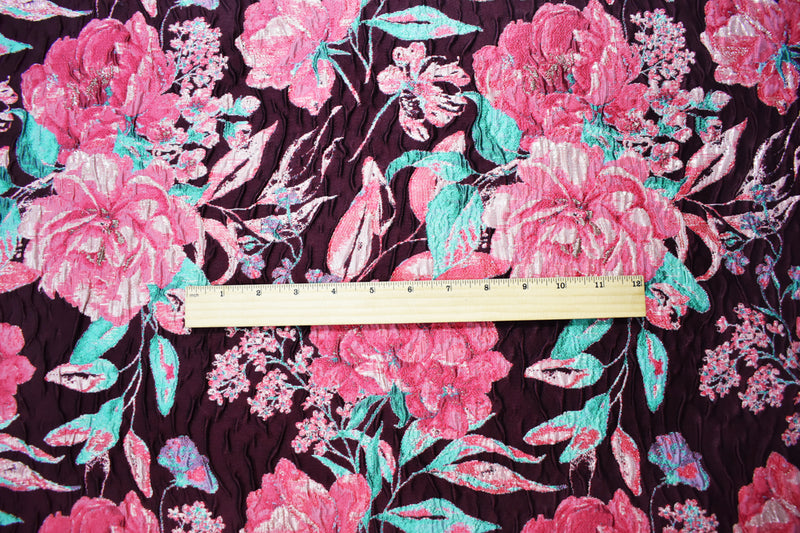 Burgundy-Pink Floral Jacquard Matelasse Brocade Woven Fabric