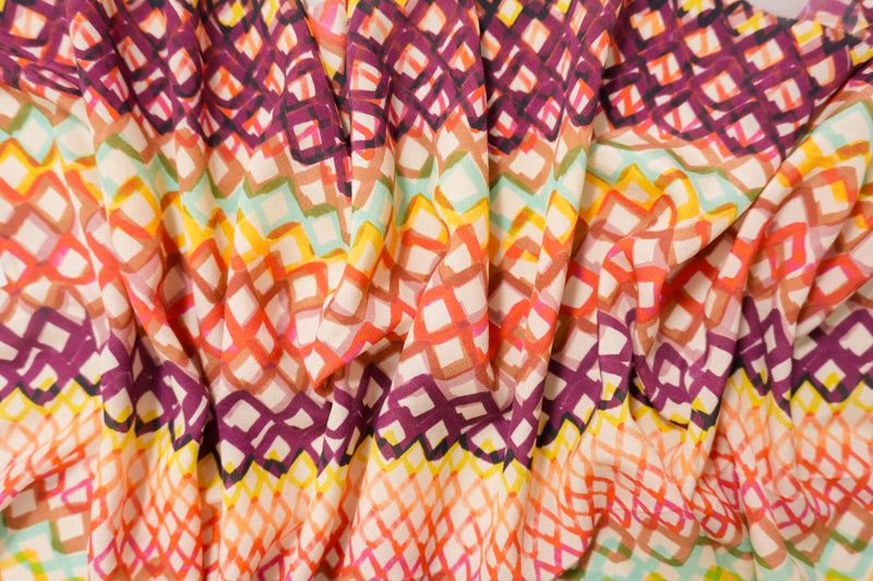 Beige Silk Painting Diamond Printed Crepe De Chine Woven Fabric