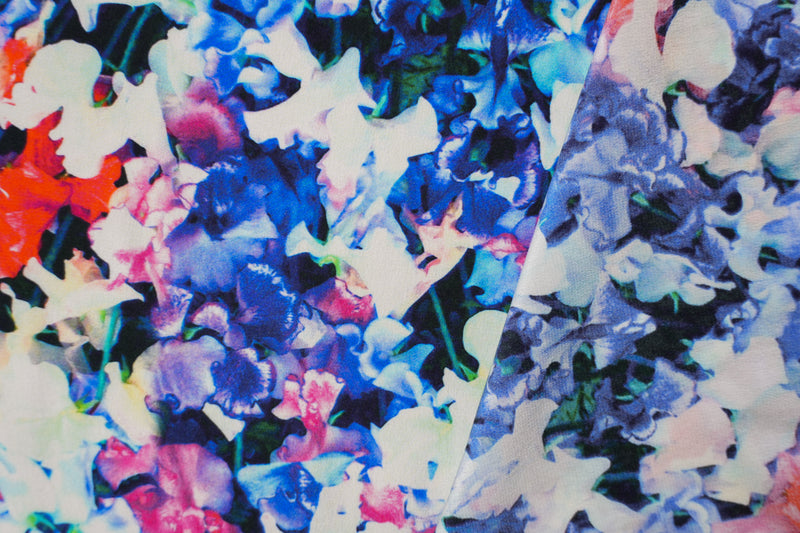 Blue Silk Floral Printed Crepe De Chine Woven Fabric