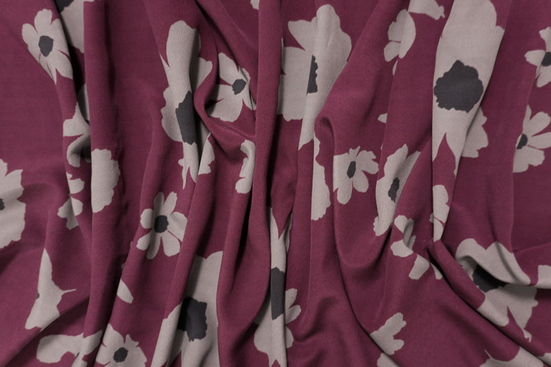 1 1/2 YD PC-Burgundy Silk Floral Printed Matte Crepe De Chine Woven Fabric