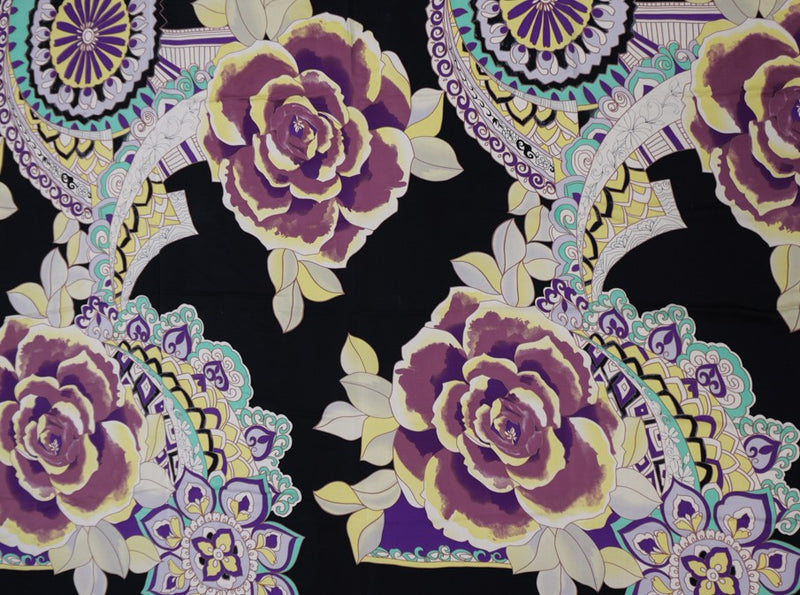 Black Silk Floral Printed Satin Woven Fabric