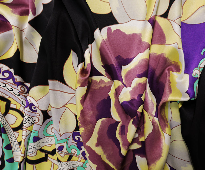 Black Silk Floral Printed Satin Woven Fabric