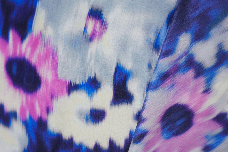 Blue Silk Abstract Floral Printed Crepe De Chine Woven Fabric