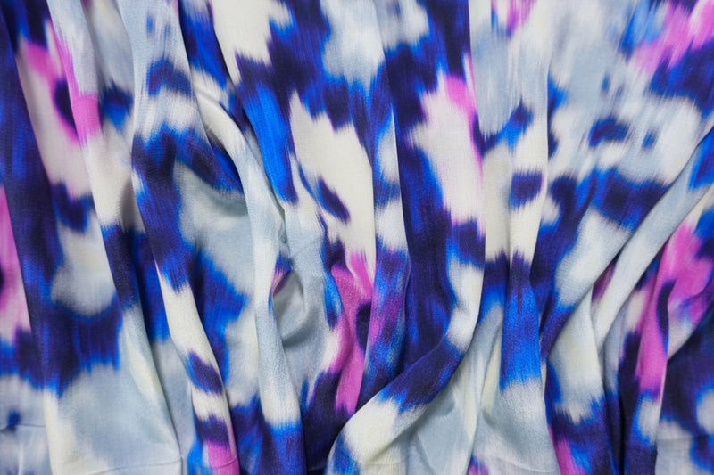 Blue Silk Abstract Floral Printed Crepe De Chine Woven Fabric