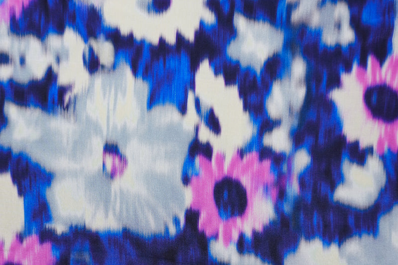 Blue Silk Abstract Floral Printed Crepe De Chine Woven Fabric