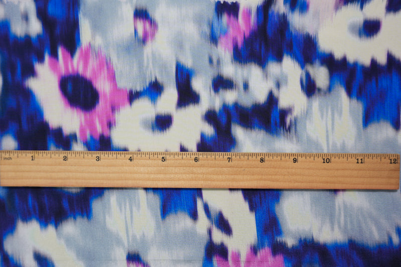 Blue Silk Abstract Floral Printed Crepe De Chine Woven Fabric