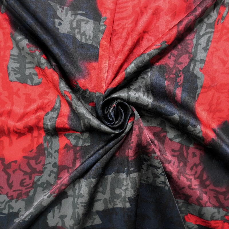 Black Silk Abstract Printed Satin Woven Fabric