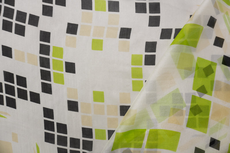 Ivory-Multi Silk Geometric Square Printed Chiffon Woven Fabric