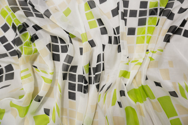 Ivory-Multi Silk Geometric Square Printed Chiffon Woven Fabric