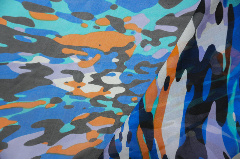 Blue-Multi Silk Camo Printed Chiffon Woven Fabric