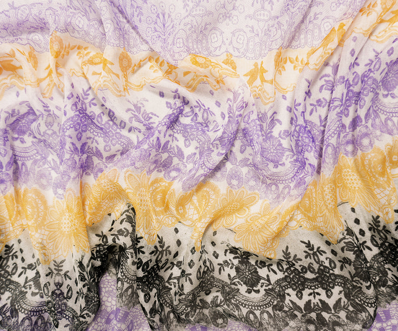 Purple-Multi Silk Floral Lace-Like Printed Chiffon Woven Fabric