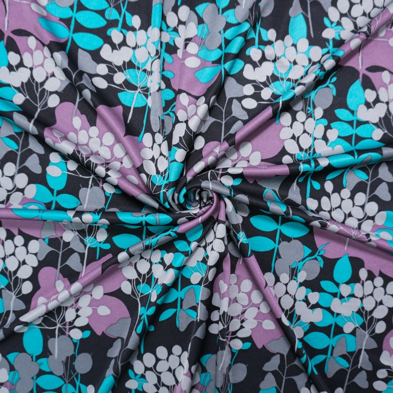 Black Silk Spandex Stretch Leaves Printed Interlock Knit Fabric