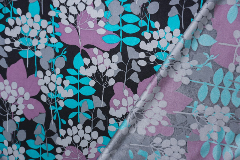 Black Silk Spandex Stretch Leaves Printed Interlock Knit Fabric
