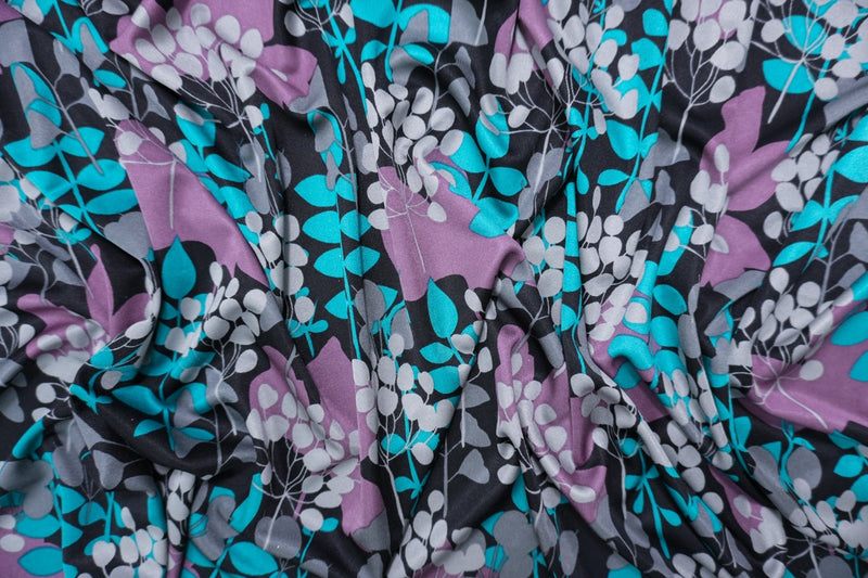 Black Silk Spandex Stretch Leaves Printed Interlock Knit Fabric