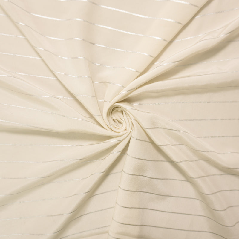 Ivory-Silver Silk Stripe Printed Crepe De Chine Woven Fabric