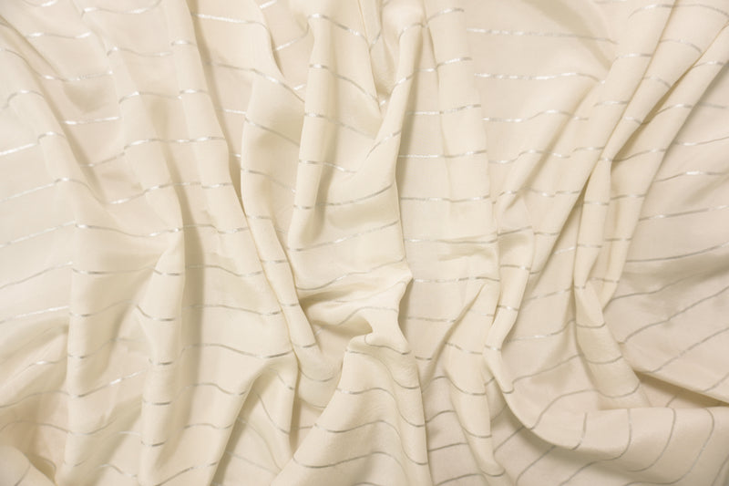 Ivory-Silver Silk Stripe Printed Crepe De Chine Woven Fabric