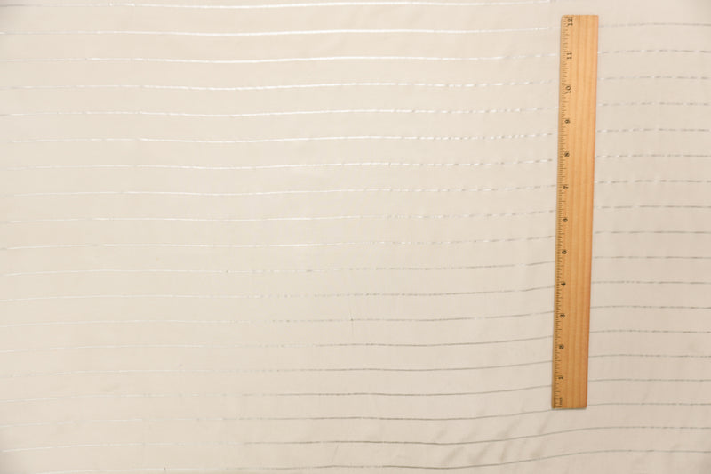Ivory-Silver Silk Stripe Printed Crepe De Chine Woven Fabric