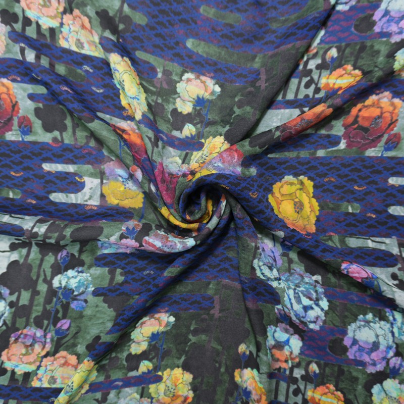 Blue-Multi Silk Abstract Floral Printed Momie Georgette Woven Fabric