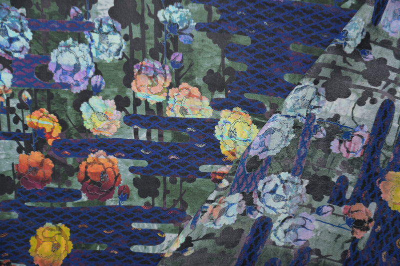 Blue-Multi Silk Abstract Floral Printed Momie Georgette Woven Fabric
