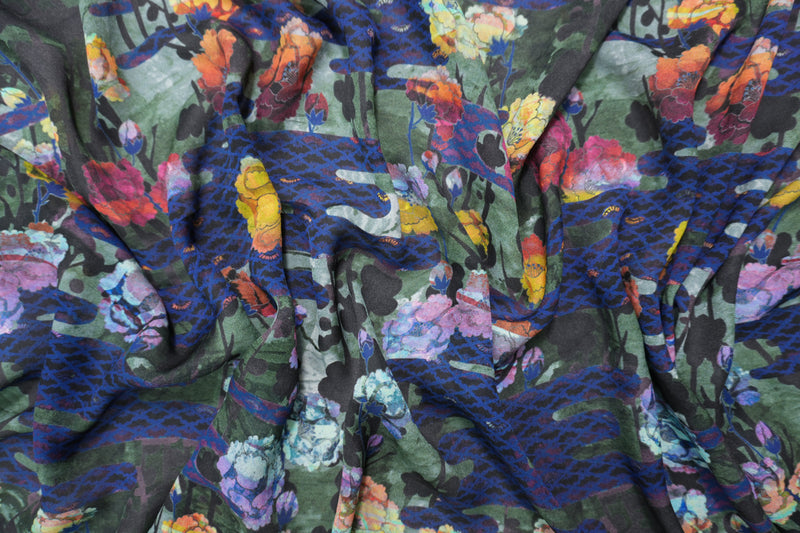 Blue-Multi Silk Abstract Floral Printed Momie Georgette Woven Fabric