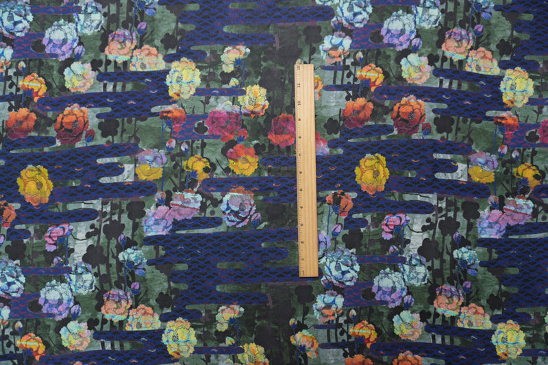 Blue-Multi Silk Abstract Floral Printed Momie Georgette Woven Fabric