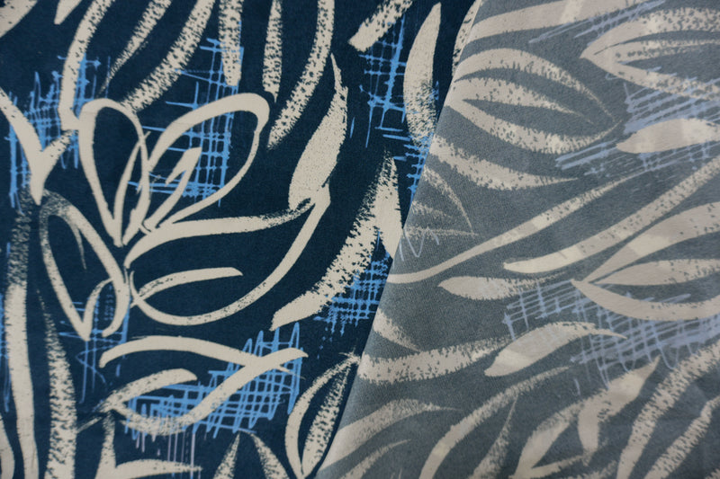 Blue Silk Abstract Leaves Printed Crepe De Chine Woven Fabric
