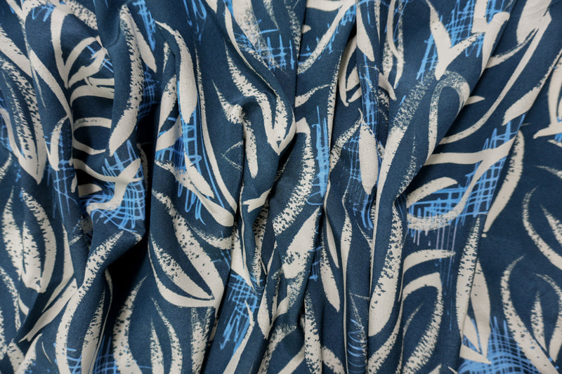 Blue Silk Abstract Leaves Printed Crepe De Chine Woven Fabric