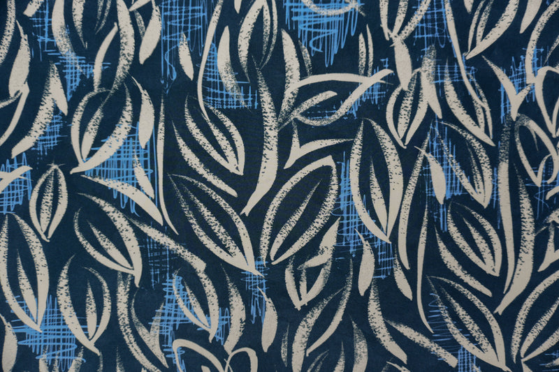 Blue Silk Abstract Leaves Printed Crepe De Chine Woven Fabric