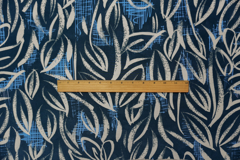 Blue Silk Abstract Leaves Printed Crepe De Chine Woven Fabric