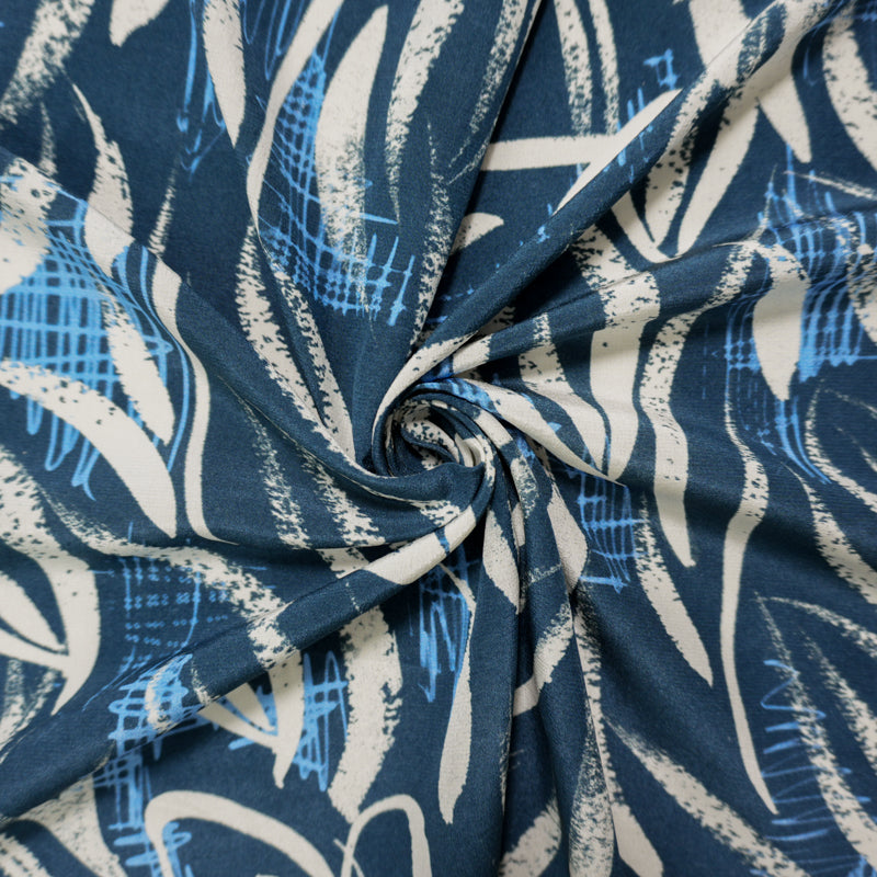 Blue Silk Abstract Leaves Printed Crepe De Chine Woven Fabric