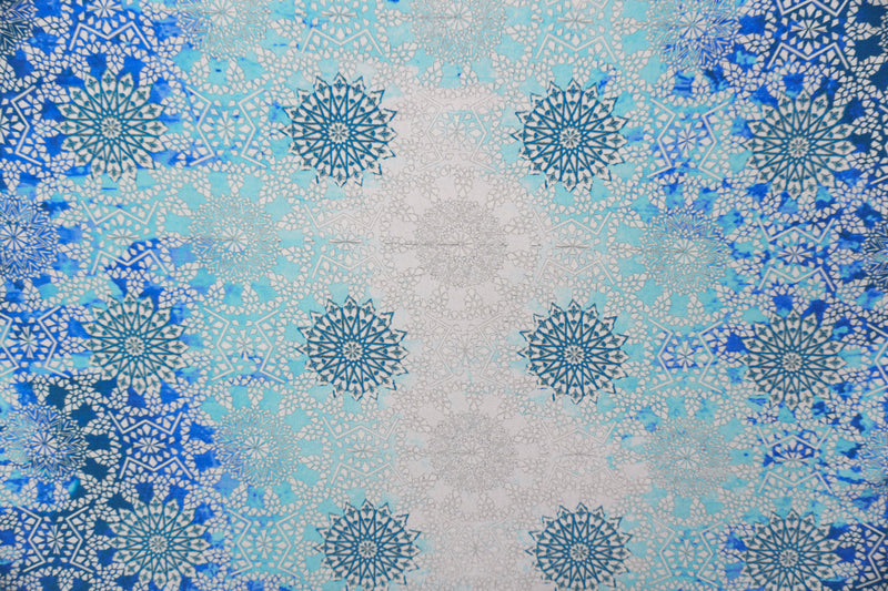 Blue Silk Moroccan Ombre Printed Crepe De Chine Woven Fabric