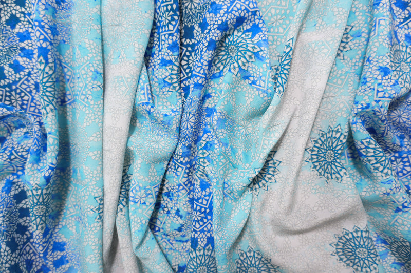 Blue Silk Moroccan Ombre Printed Crepe De Chine Woven Fabric