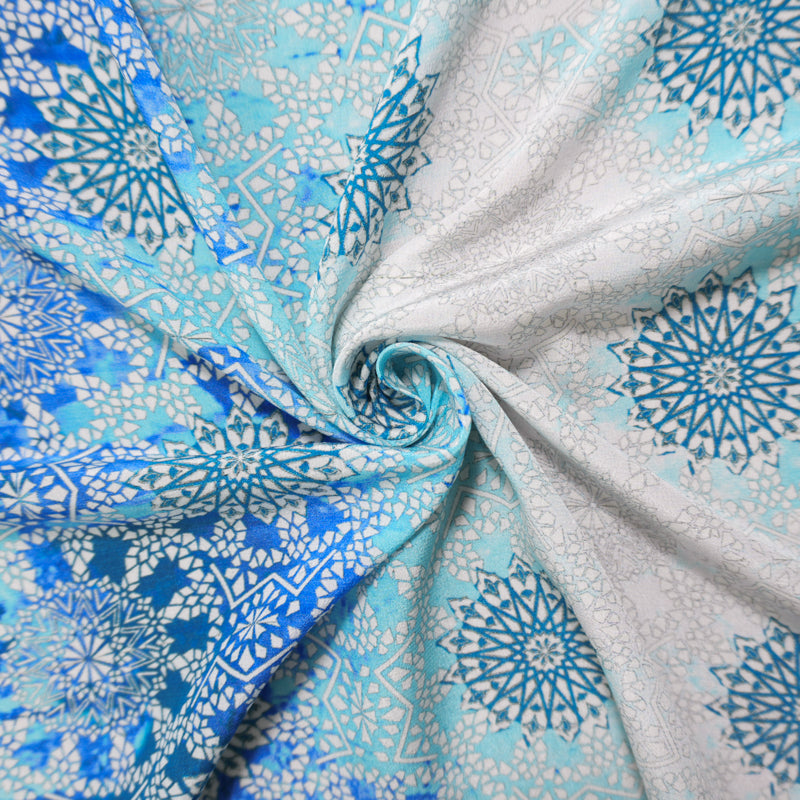 Blue Silk Moroccan Ombre Printed Crepe De Chine Woven Fabric