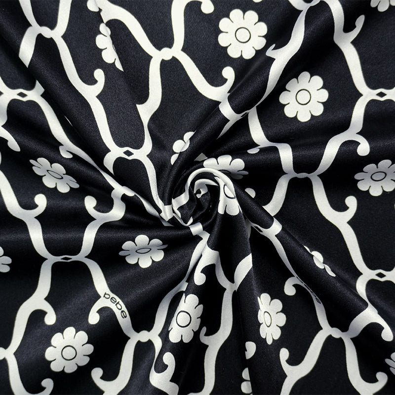 Black Silk Floral Trellis Printed Stretch Satin Woven Fabric