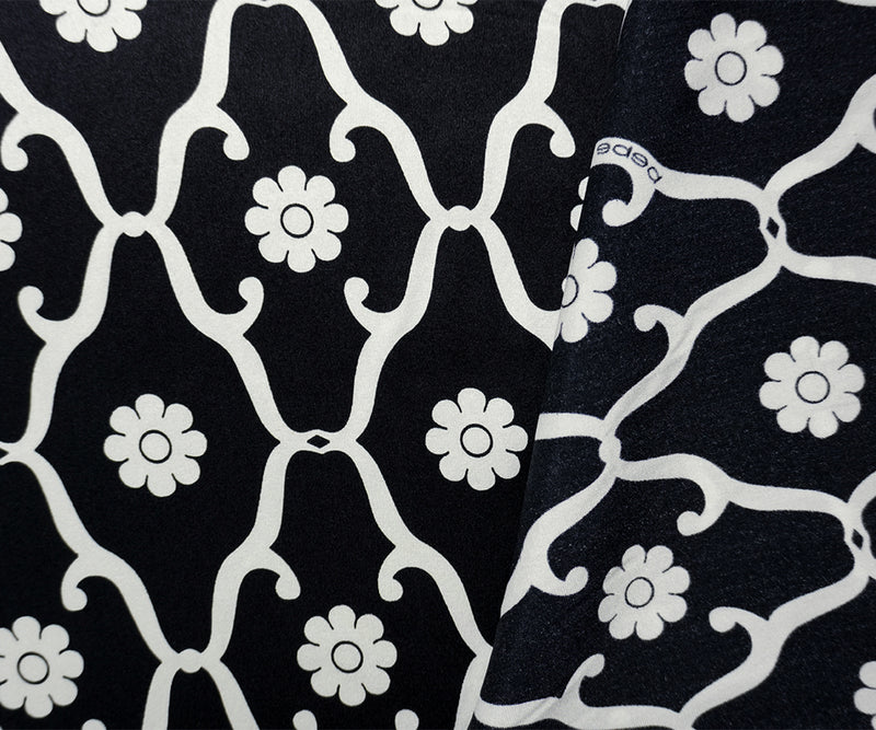 Black Silk Floral Trellis Printed Stretch Satin Woven Fabric