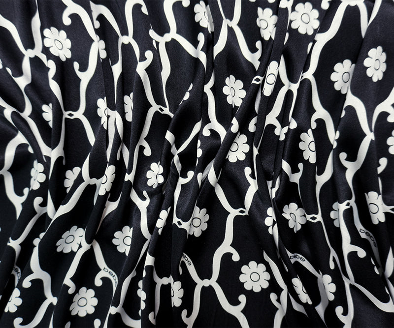 Black Silk Floral Trellis Printed Stretch Satin Woven Fabric