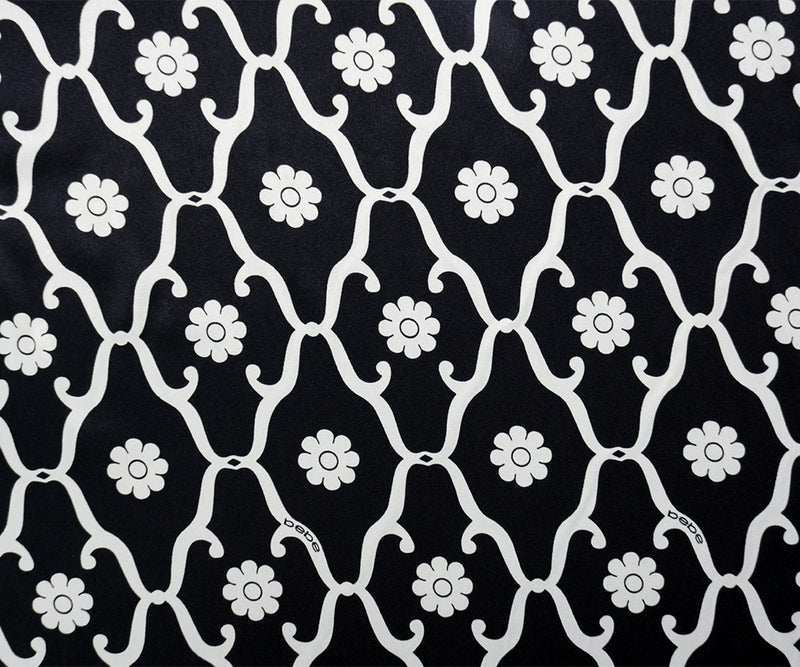 Black Silk Floral Trellis Printed Stretch Satin Woven Fabric