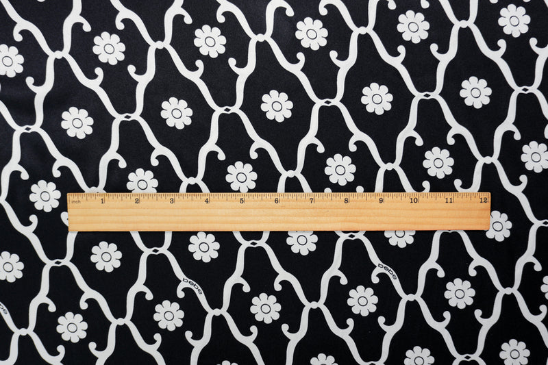 Black Silk Floral Trellis Printed Stretch Satin Woven Fabric