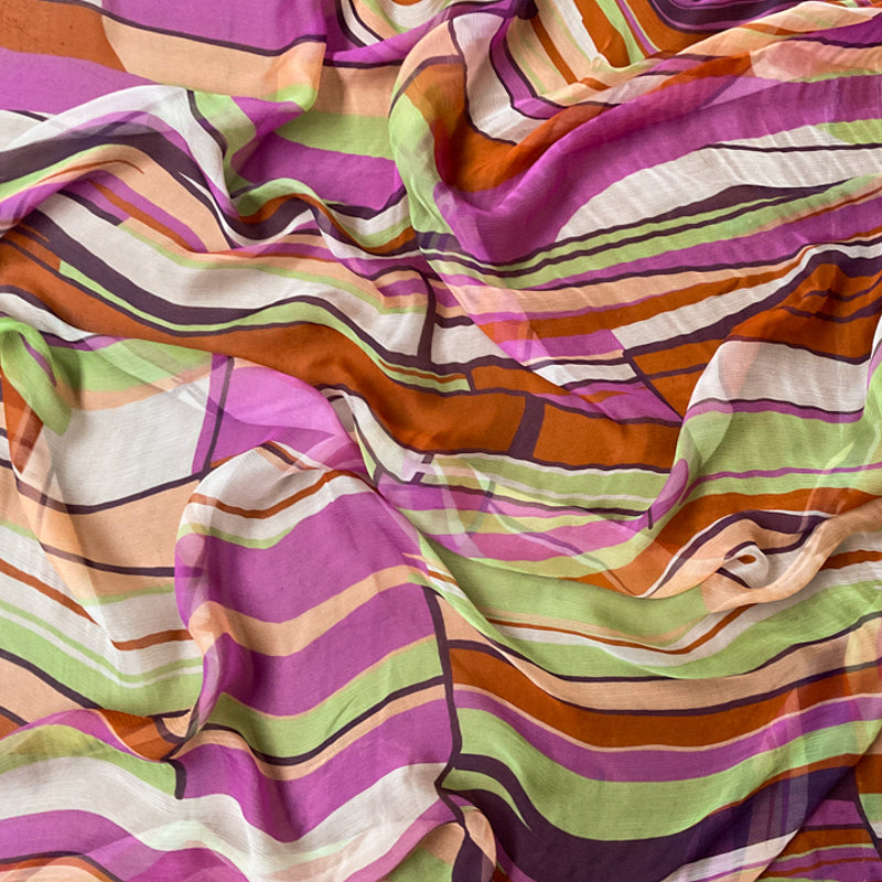 Purple-Multi Silk Abstract Stripe Printed Crinkle Chiffon Woven Fabric